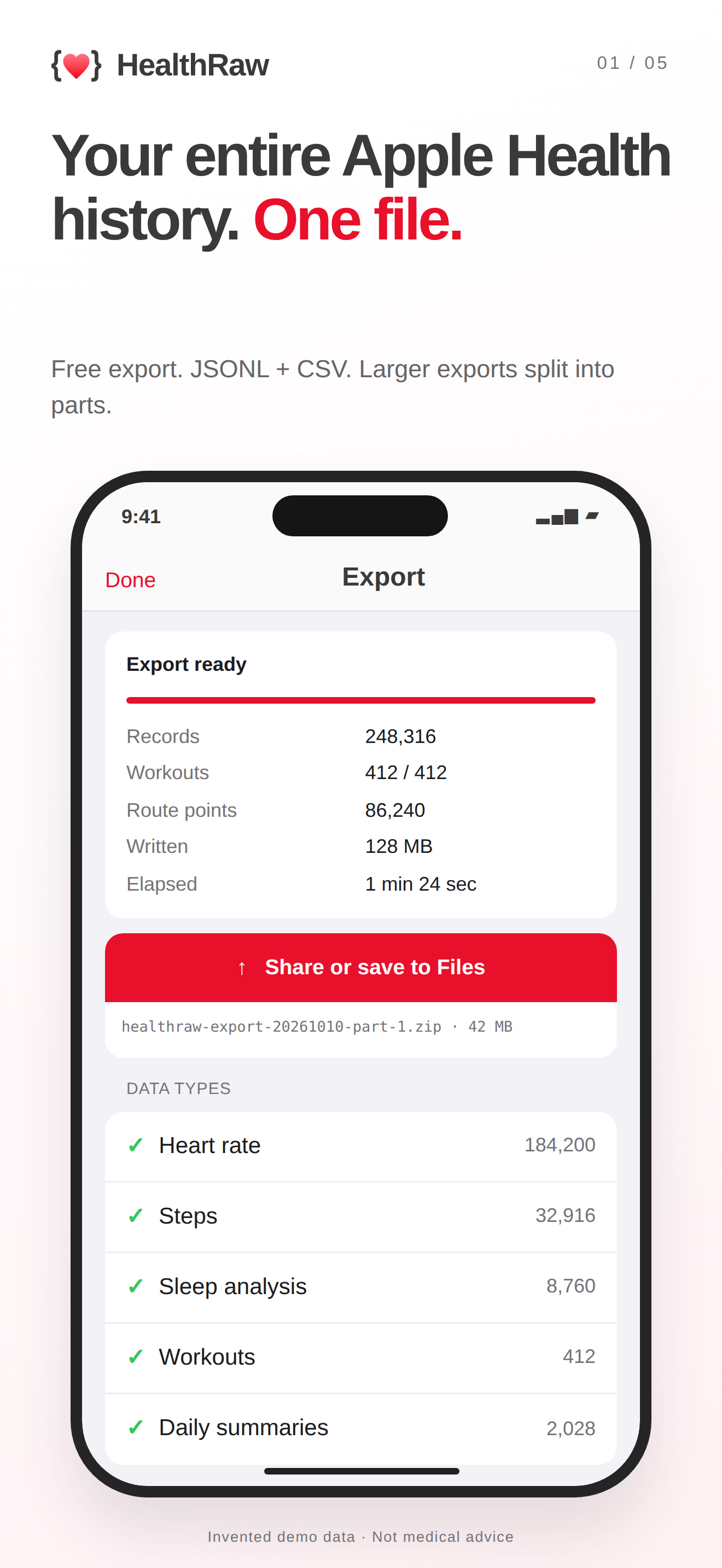 iPhone export preview: completed full-history export with options to share or save to Files. Invented demo data.