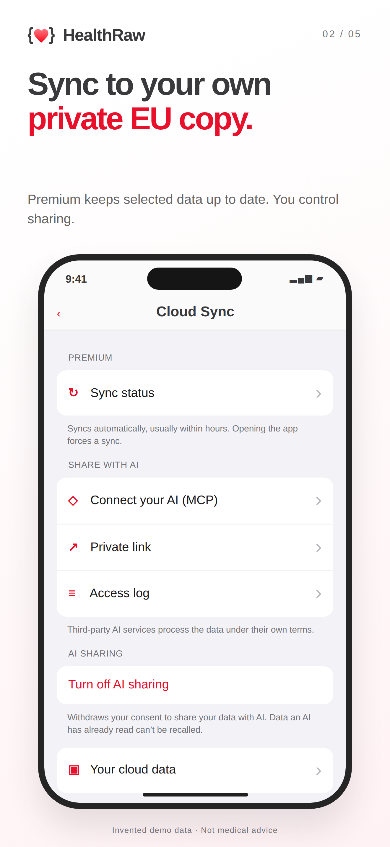 iPhone Cloud Sync preview: sync status, private links, MCP connectors and access log. Invented demo data.